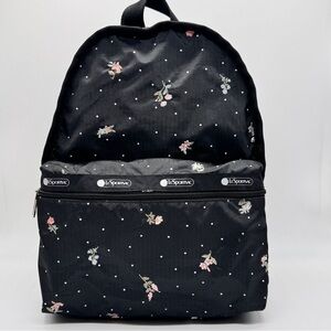LeSportsac Black Floral Polka Dot Backpack Lightweight Zip Front Casual Bag New